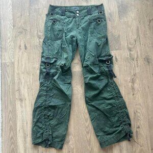 VTG y2k army green camo cargo strappy 6 pocket ruched tie utility pants 34"
